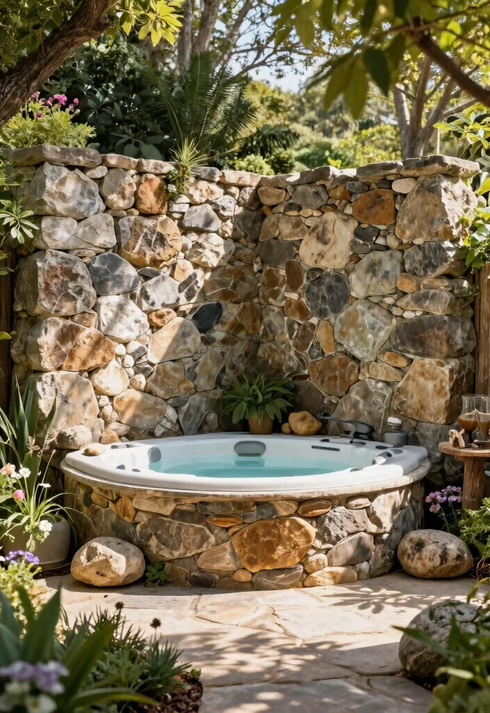 9 Practical Hot Tub Shelter Ideas for Sun Wind 4. Natural Stone Wall 0