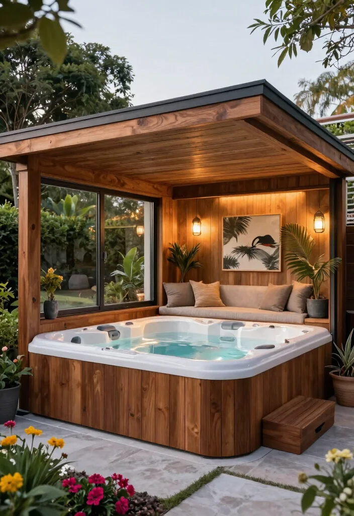 9 Practical Hot Tub Shelter Ideas for Sun Wind 8. Custom Built Shelter 0