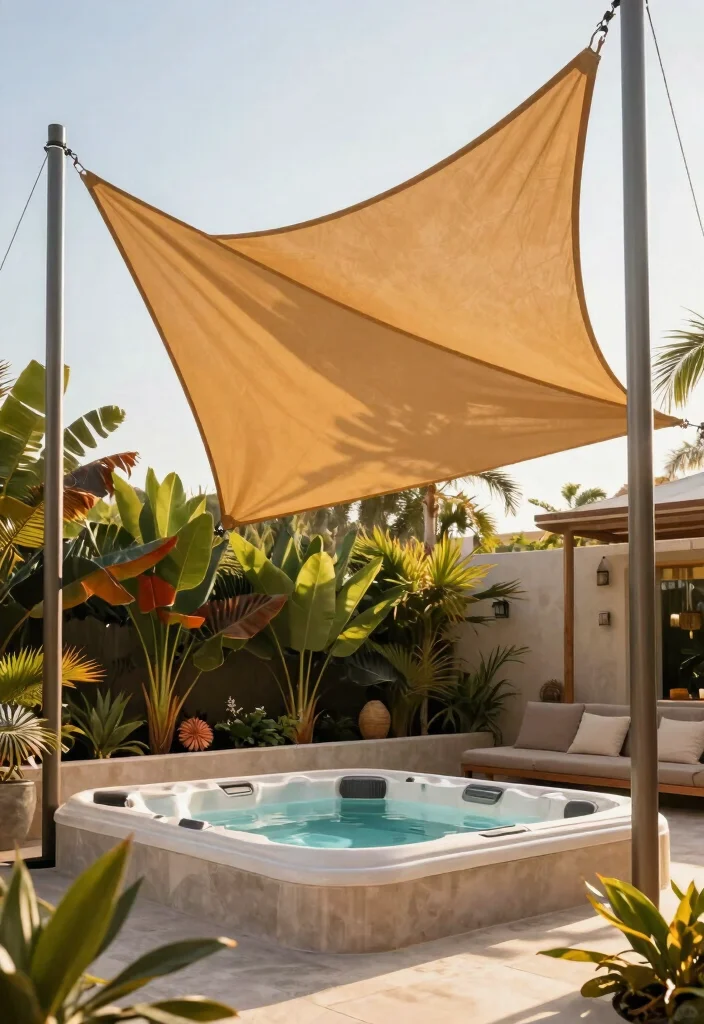 9 Practical Hot Tub Shelter Ideas for Sun Wind 9. Shade Sail 0