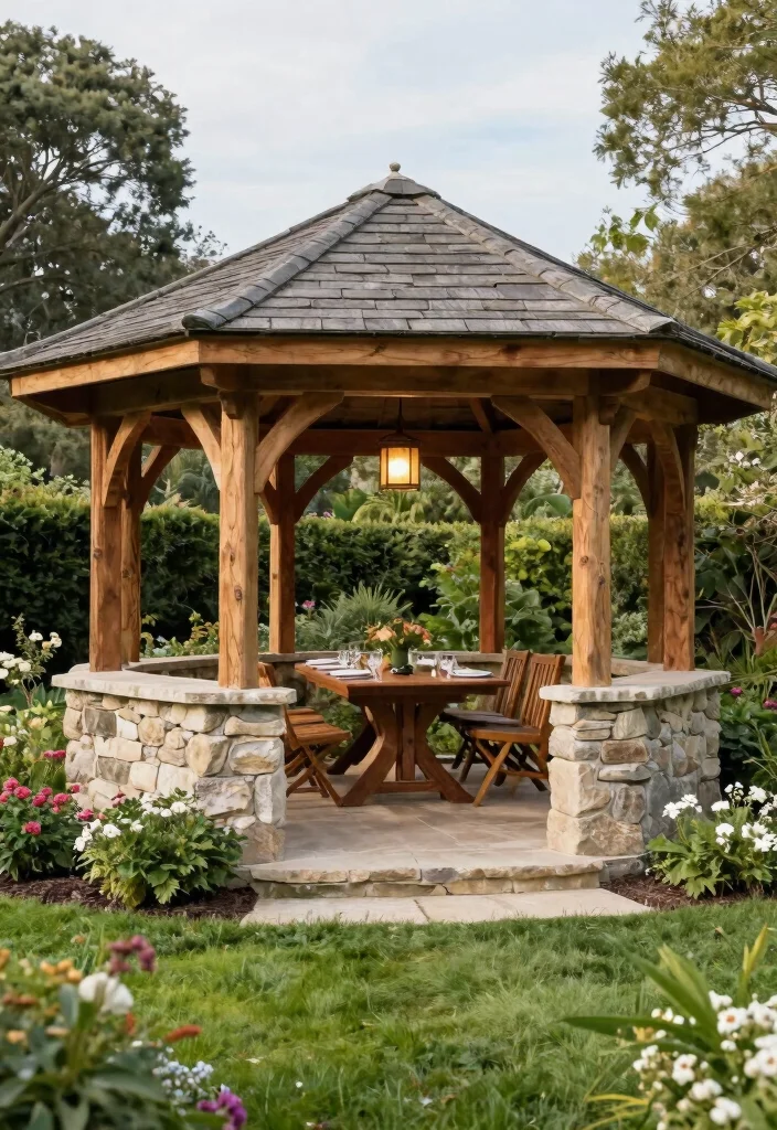 9 Rugged Outdoor Gazebo Ideas for Year Round Comfort 4. Stone and Wood Hybrid Gazebo 0