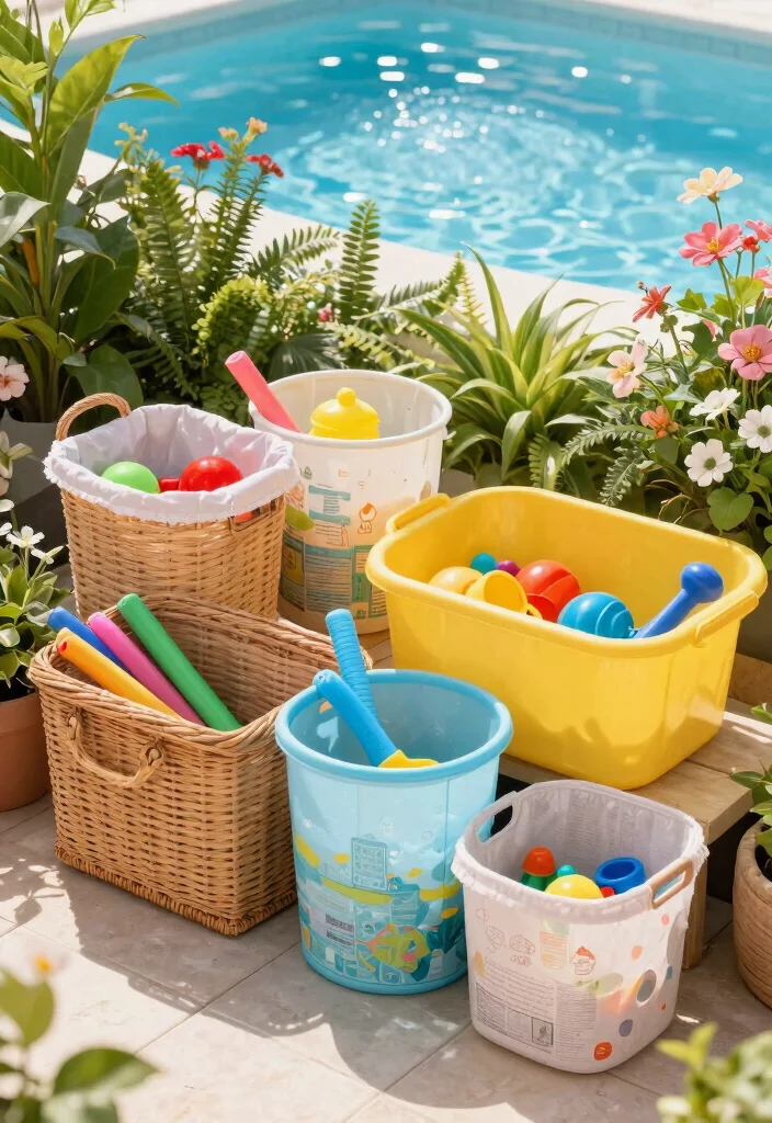 9 Tidy Above Ground Pool Storage Ideas for Floating Toys 2. Stylish Storage Bins 0
