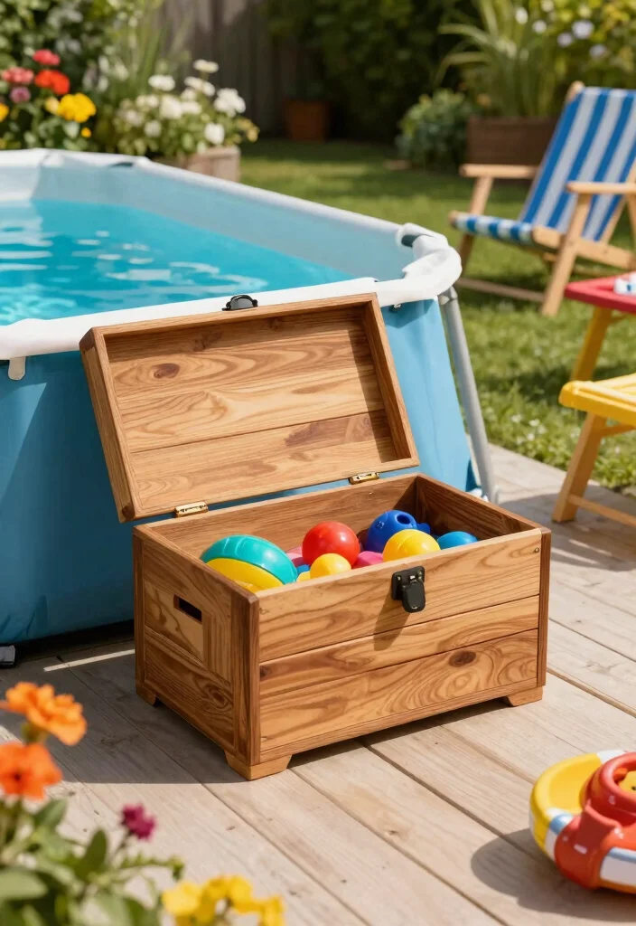 9 Tidy Above Ground Pool Storage Ideas for Floating Toys 5. Wooden Deck Boxes 0