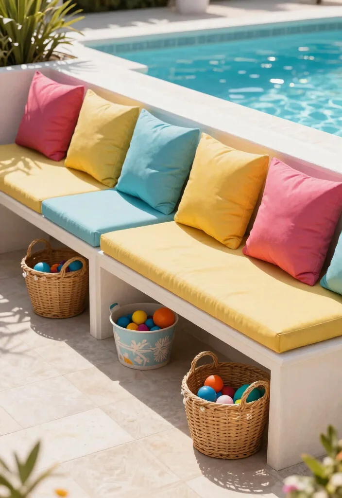 9 Tidy Above Ground Pool Storage Ideas for Floating Toys 7. Under Bench Storage 0