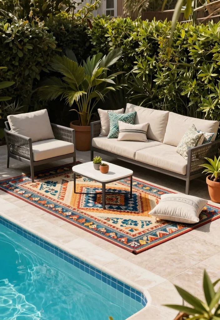 Cheap Above Ground Pool Ideas on a Budget: Landscaping Secrets 46 Cheap Above Ground Pool Ideas on a Budget Landscaping Secrets 6. Utilize Outdoor Rugs 0