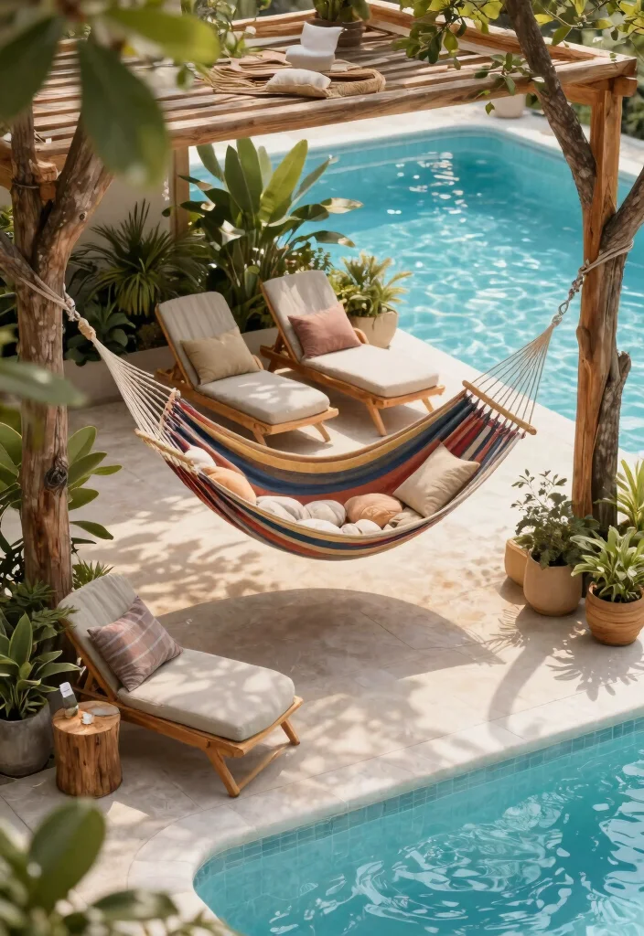Cozy Above Ground Pool Patio Ideas for Ultimate Relaxation 13 Cozy Above Ground Pool Patio Ideas for Ultimate Relaxation 3. Relaxation Zones with Hammocks and Lounge Chairs 0
