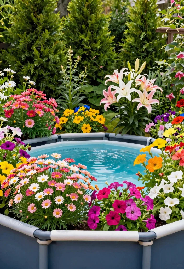 Lush Above Ground Pool Landscape Ideas to Hide the Walls 10. Seasonal Blooms 0