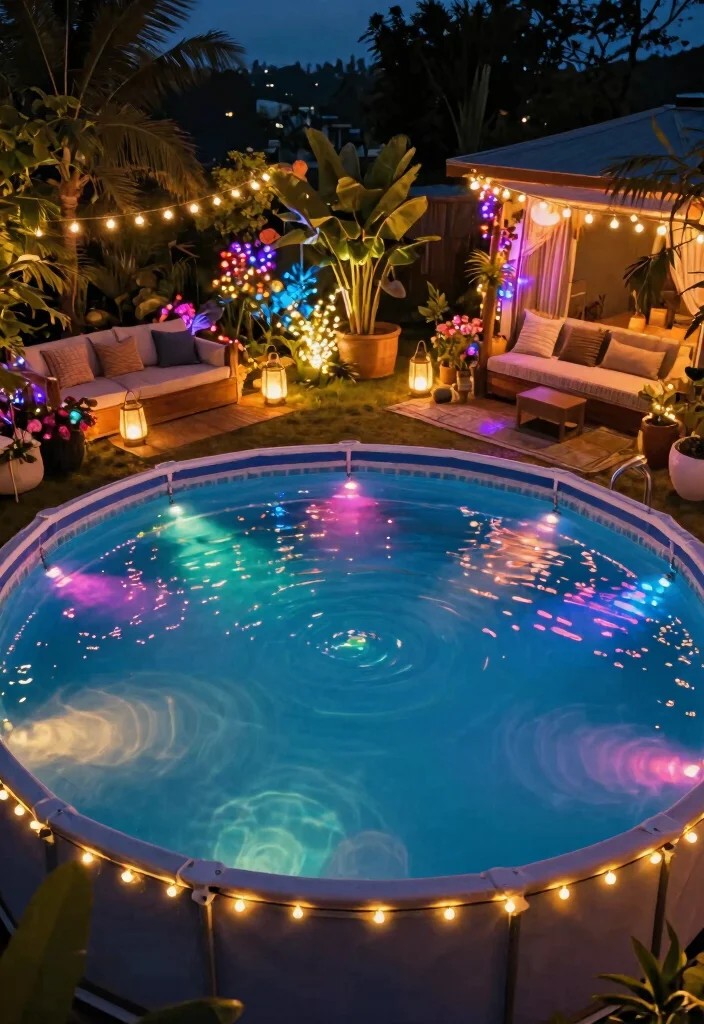 Lush Above Ground Pool Landscape Ideas to Hide the Walls 7. Colorful Lighting 0