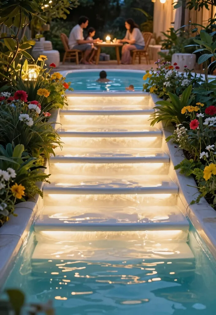 Magical Above Ground Pool Lighting Ideas for Night Swims 4. Illuminated Pool Steps 0